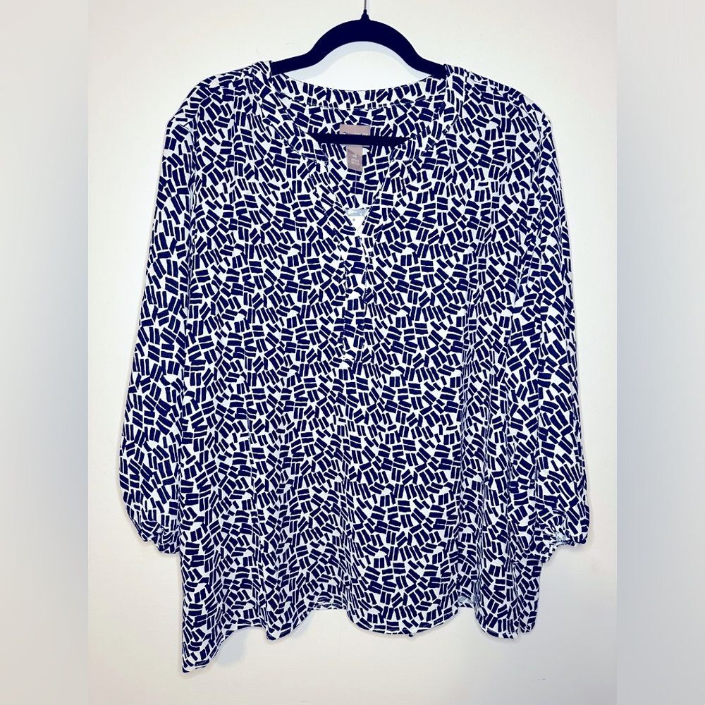 Chico's Confetti Fluter Sleeve Blouse SZ 4 Pullover V Neck 3/4 Sleeve Midnight